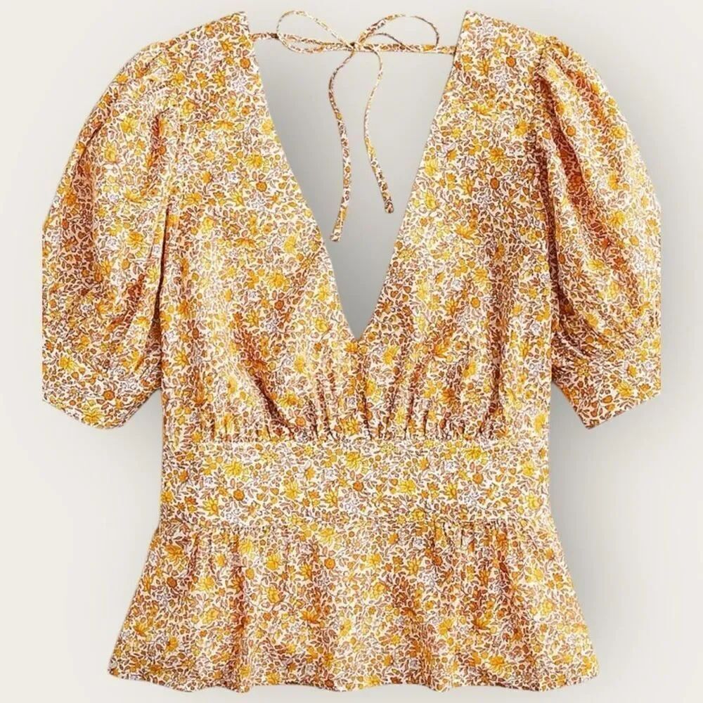 J. Crew Womens size 4 Puff-sleeve V-neck top in scattered blooms - Picture 1 of 10